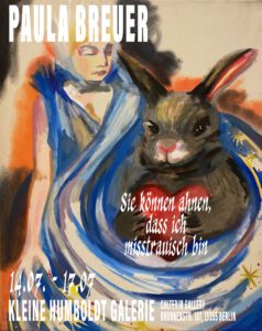 Ausstellungsgrafik, die abstrakte Malerei zeigt eine junge Frau in einem blauen Mantel, darin ist ein Kaninchen gewickelt, das ein Herz in der Pfoten trägt.